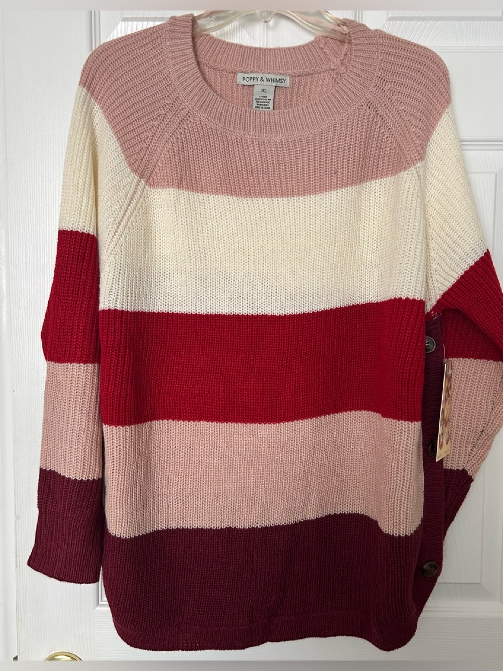 Poppy & Whimsy/ Women's Pink, Red & Ivory Striped raglan sweater size 1X